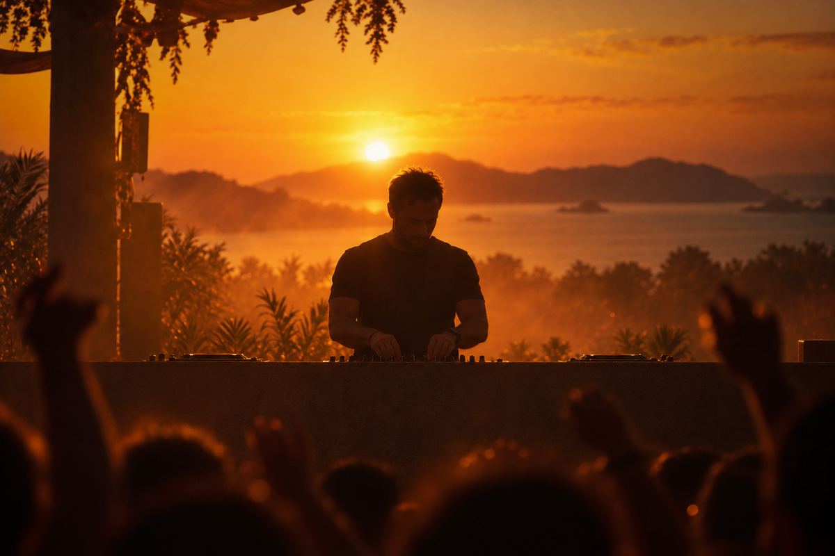A DJ behind the booth at an open-air event, backlit by the setting sun