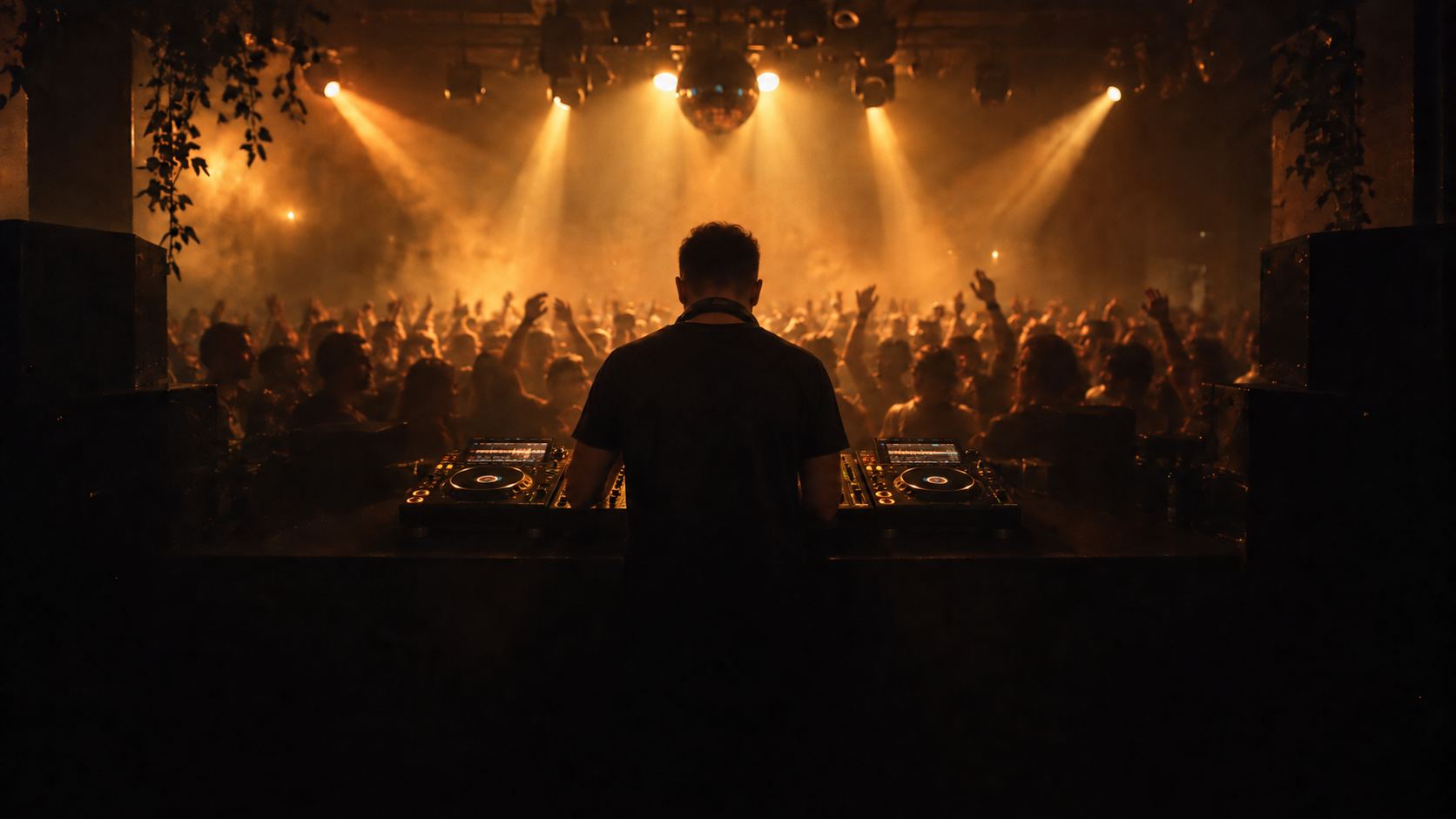 A DJ seen from behind at the decks, looking out over a crowd in warm light and haze